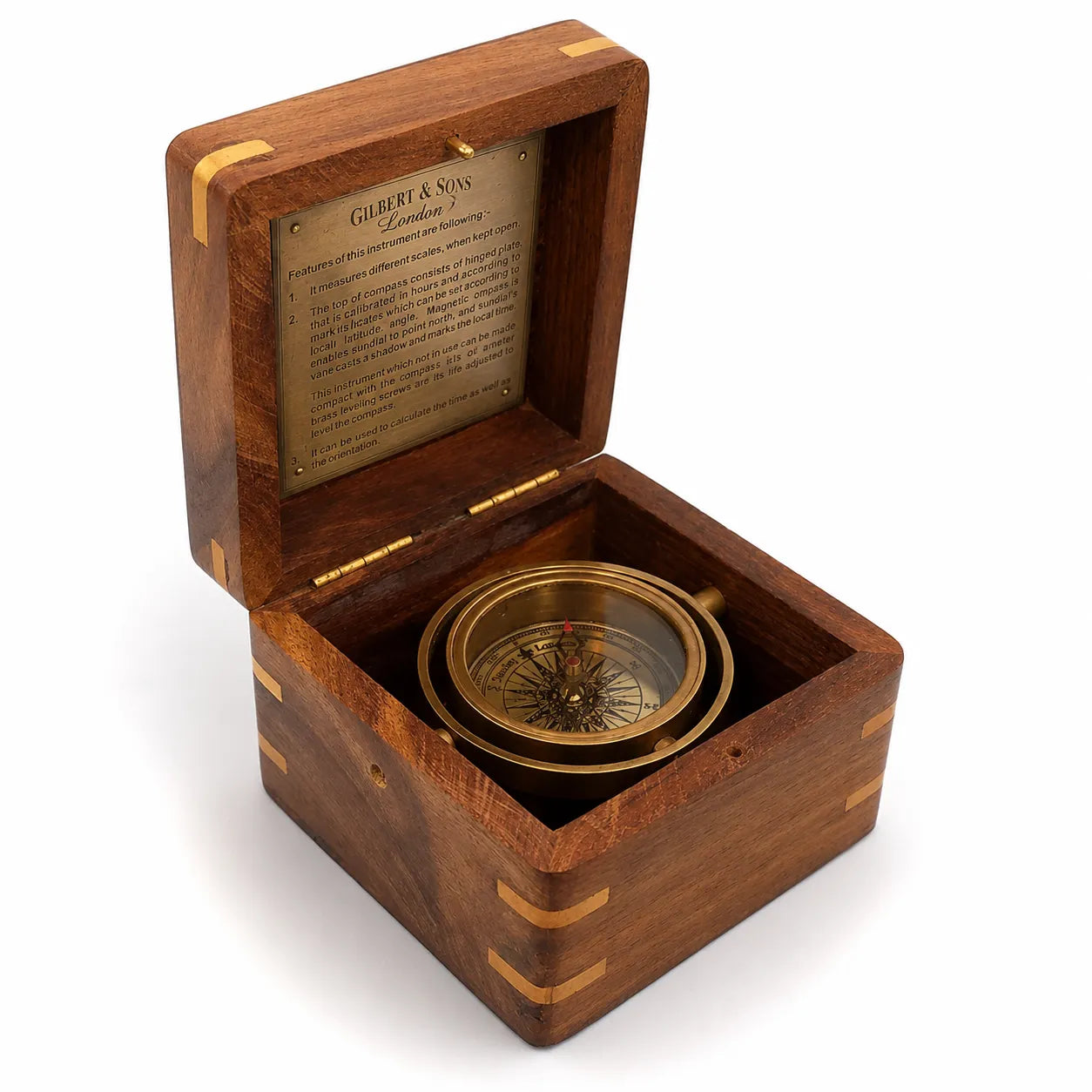 Open wooden box with antique brass gimbal compass and engraved inside lid plaque