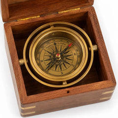 Open wooden box with antique brass gimbal compass and engraved inside lid plaque