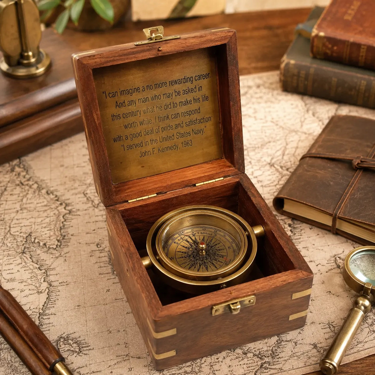 A wooden keepsake box with the lid open, displaying a brass compass inside. The interior lid features an engraved quote by John F.