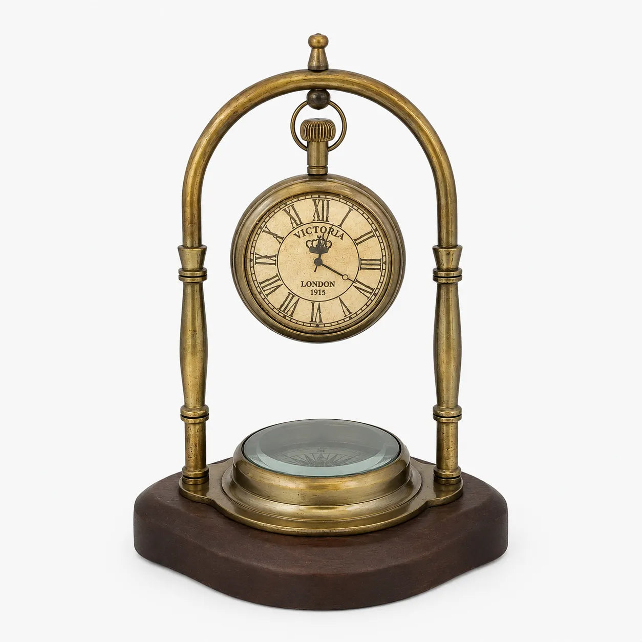 Personalised Victoria London brass desk clock with compass front view TCC0018