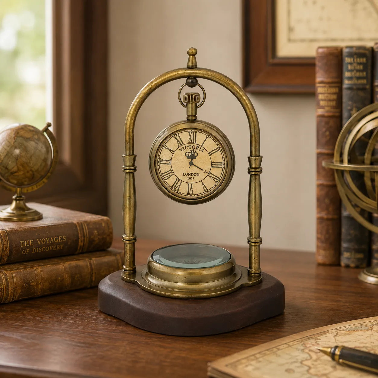 Victoria London brass desk clock with compass displayed in a vintage study