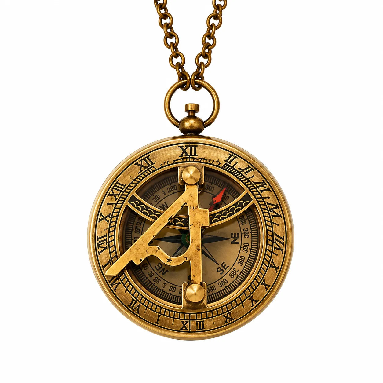 Antique brass sundial compass with chain on white background