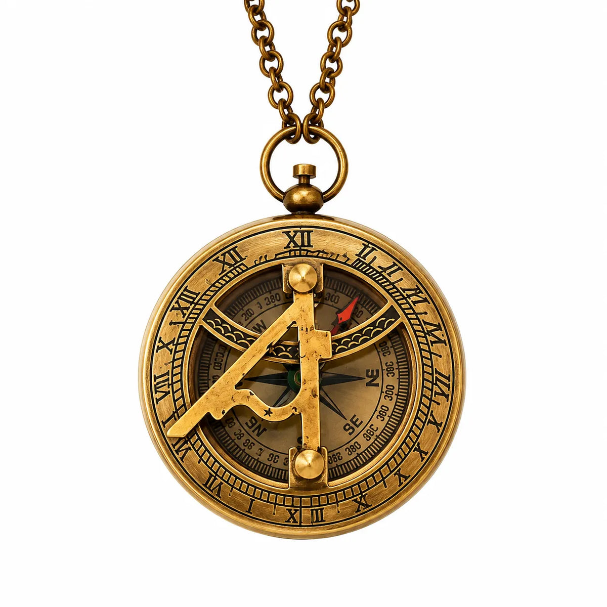 Antique brass sundial compass with chain on white background