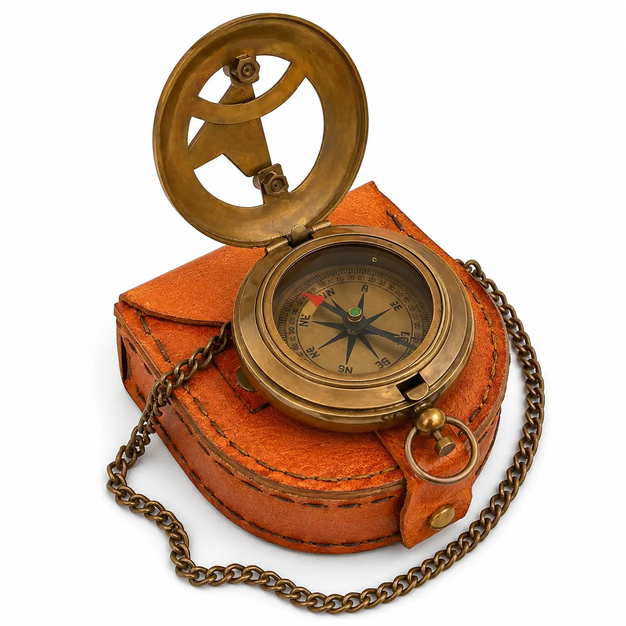 Open brass sundial compass displayed on orange leather carry pouch