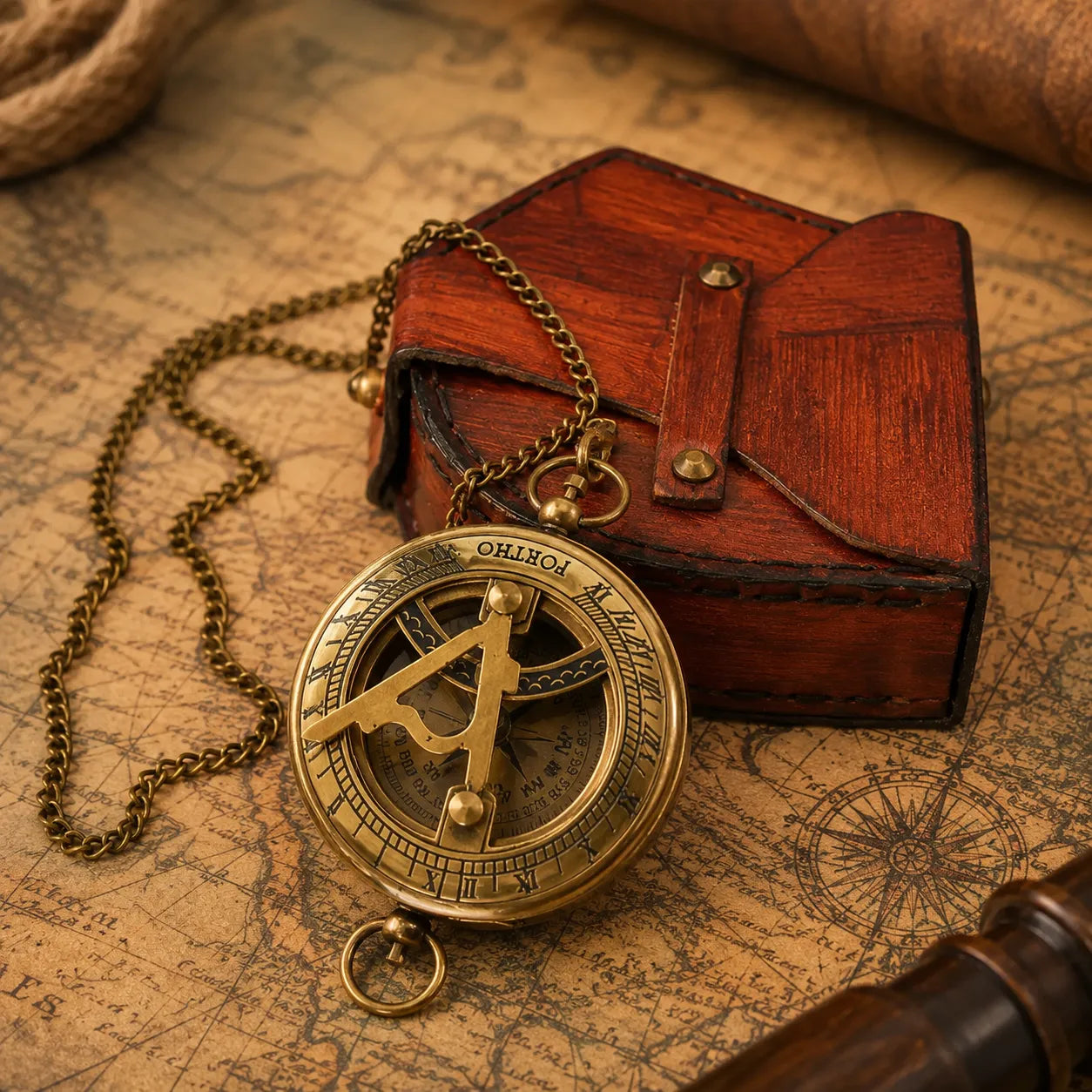 Antique brass sundial compass and leather pouch displayed on vintage map