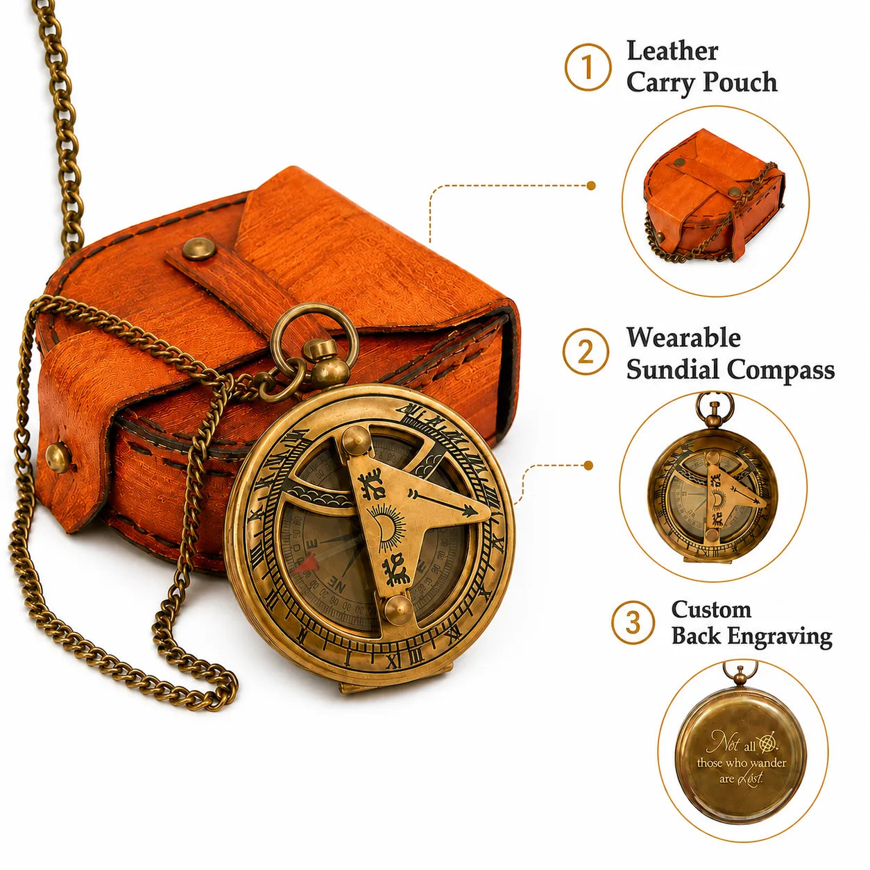 Brass sundial compass features infographic with pouch, chain and custom engraving