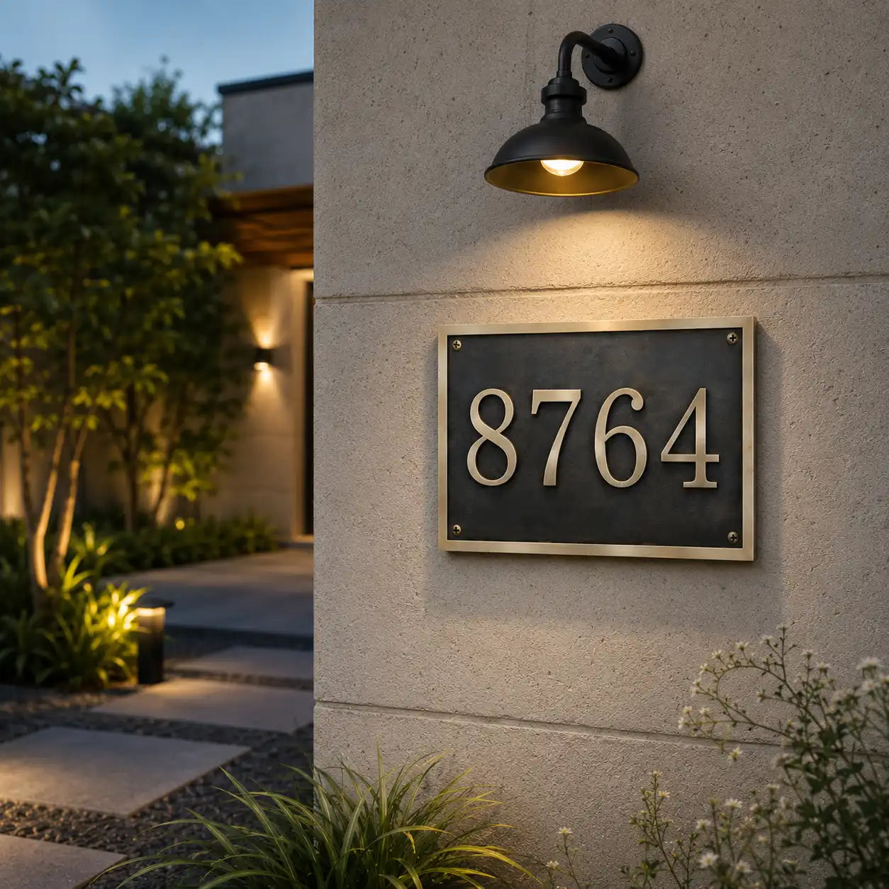 Custom brass house number plaque with engraved address