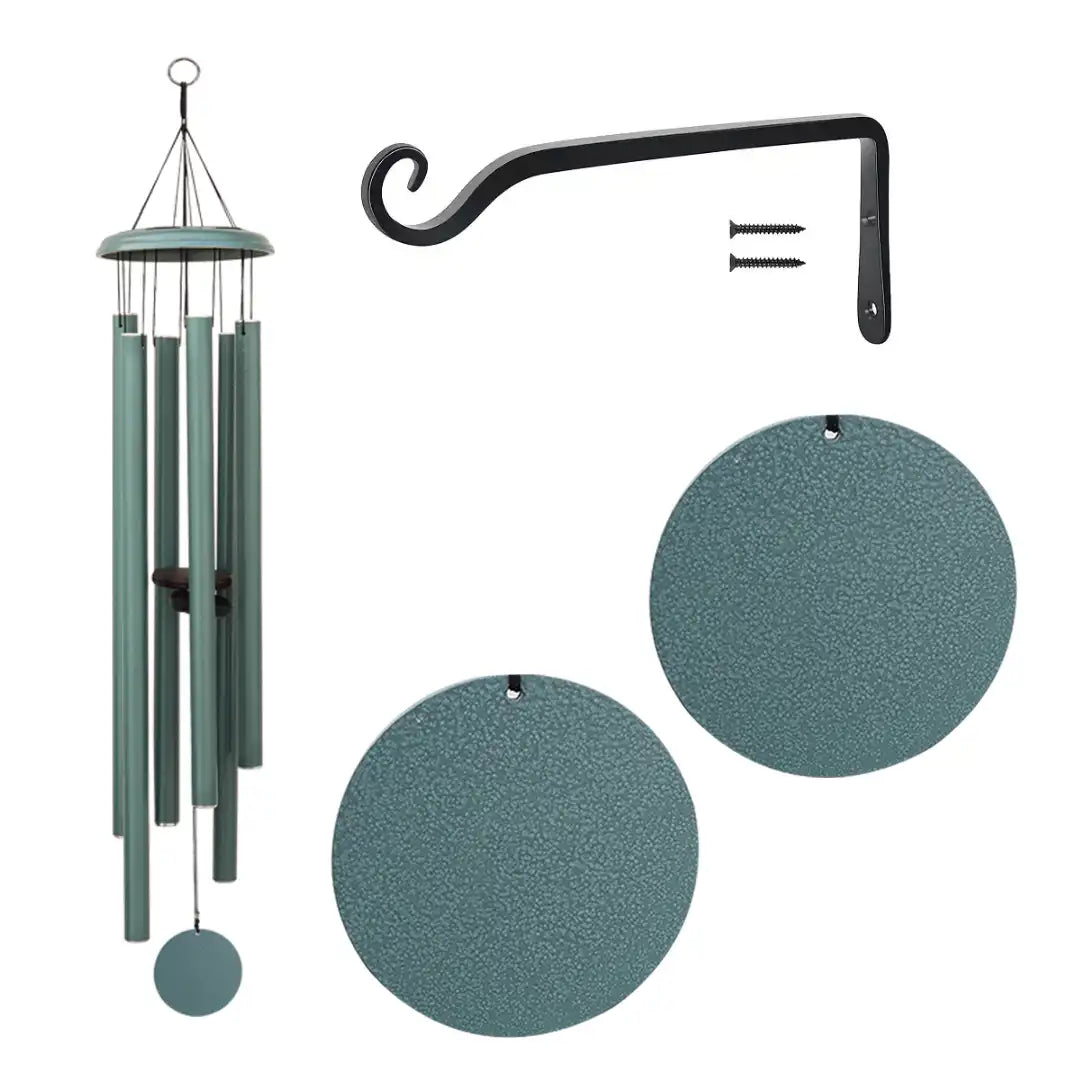 30-Inch Turkish Green Corinthian Bells Wind Chime with hanging bracket and two round pendant on a white background