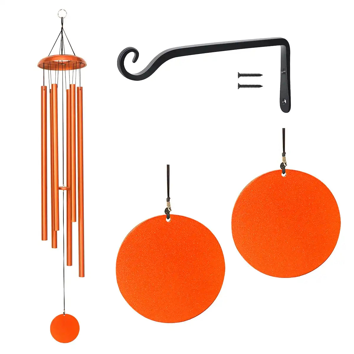 Corinthian Bell Wind Chime, decorative wall hook, and orange circular decorations on a white background