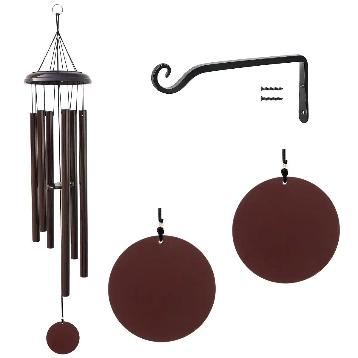 Corinthian bell wind chime with hanging bracket and screws on a white background