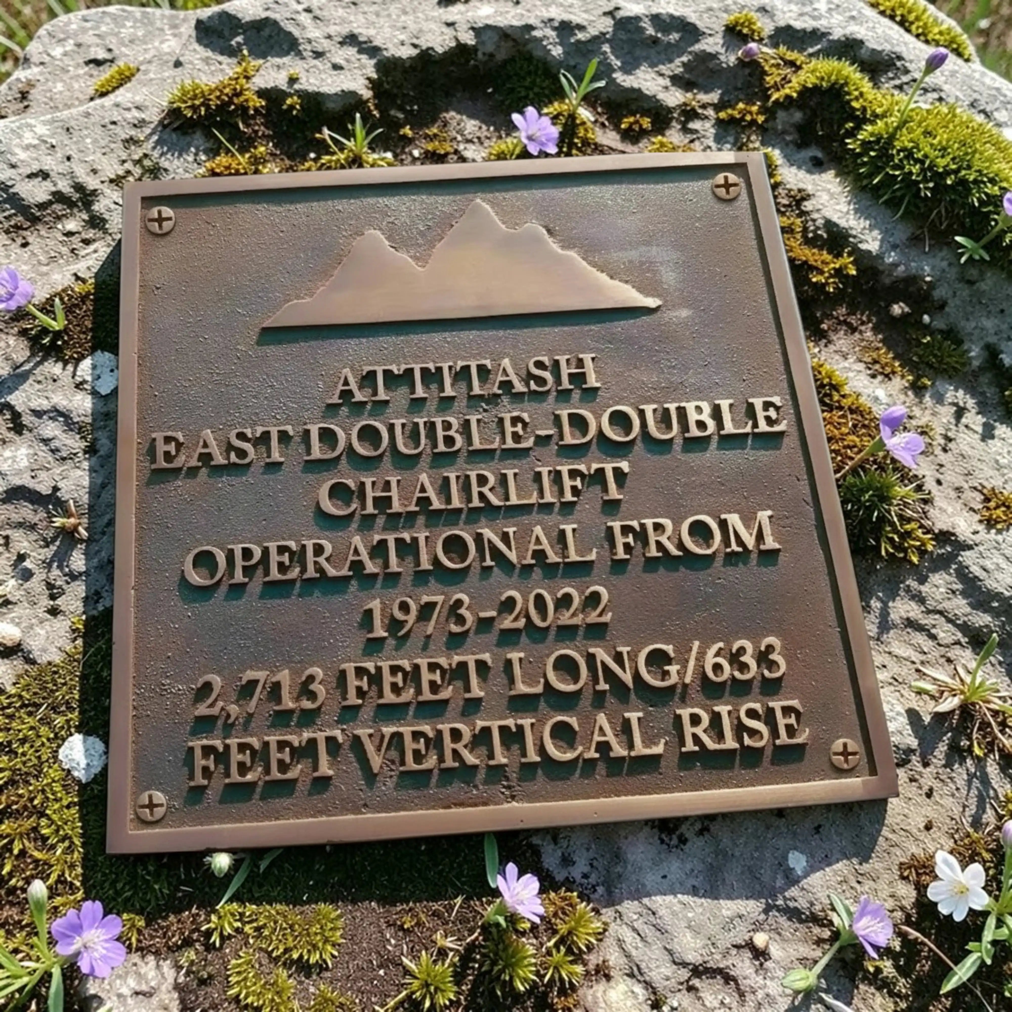Bronze plaque on a rock with mountain design and text about a chairlift.