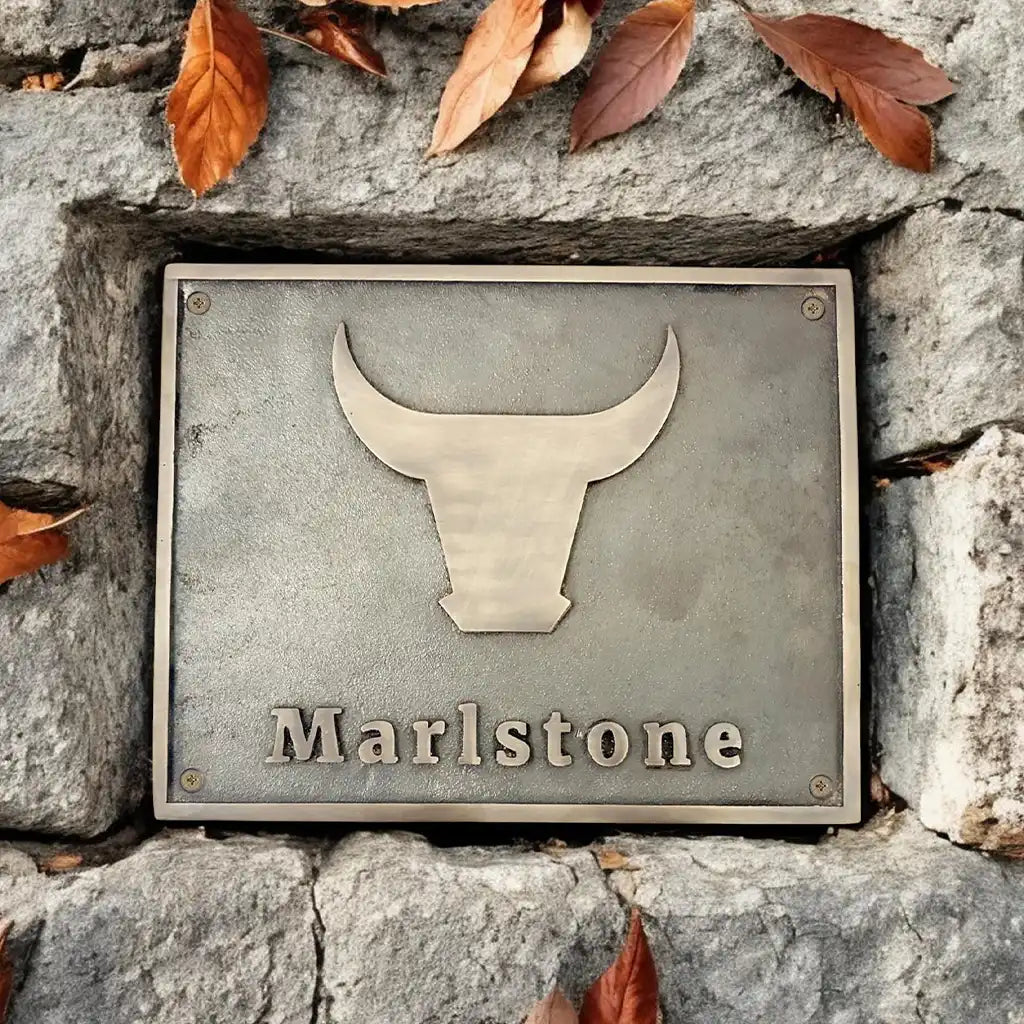 Vintage decorative bronze plaque, bronze plaque with name and logo