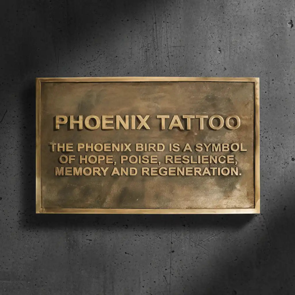 Brass plaque with custom text on a dark concrete wall.