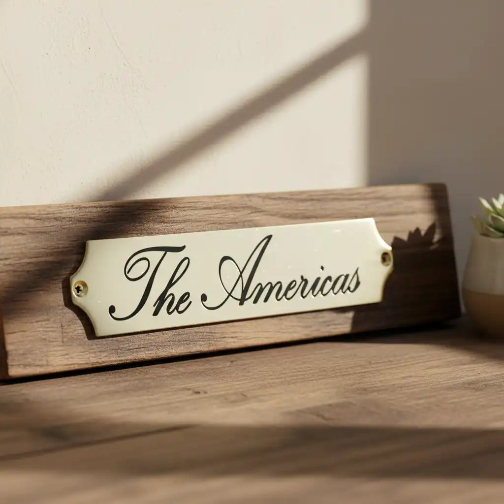Personalized Brass Name Plate with Deep Engraving, placed on a wooden surface.