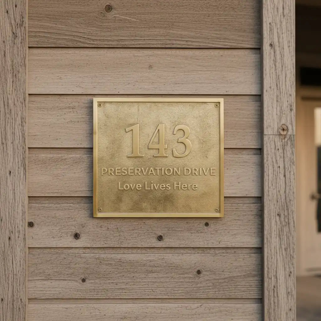 Brass plaque with number 143 and text on a wooden wall | Solid brass house number signage | Personalized brass address plate for home