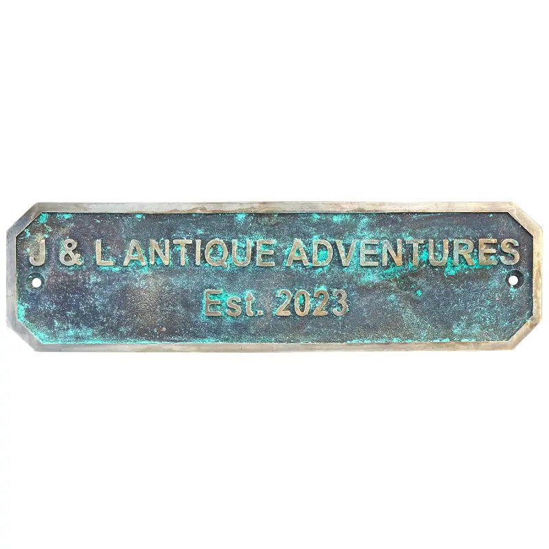 Custom engraved brass door sign patina style