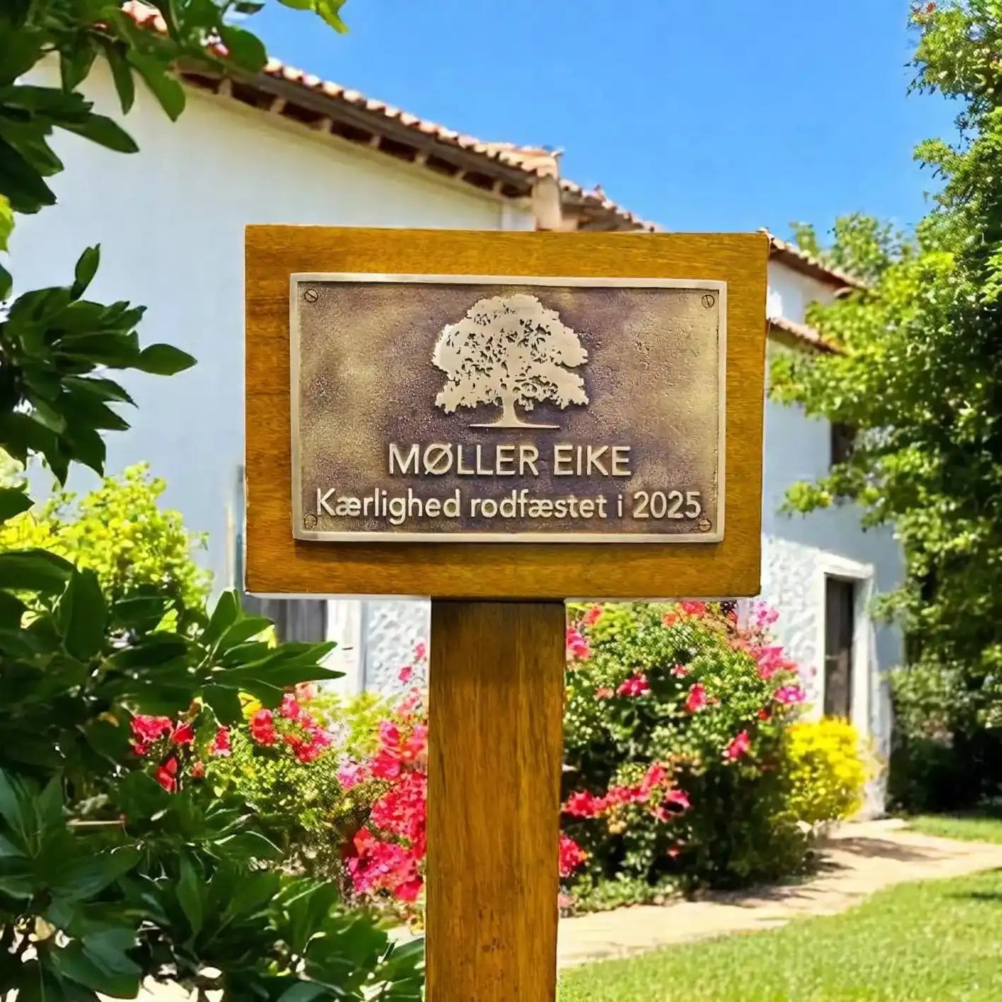 Bronze Plaques on Wooden sign with engraved text in front of a building with greenery and flowers.