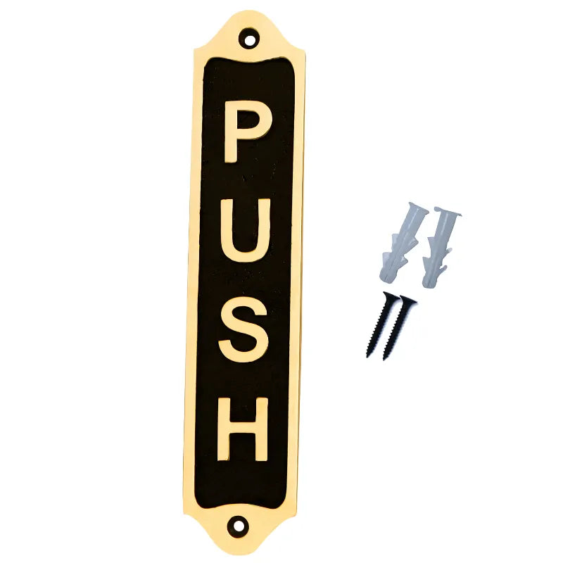 Push Brass door sign in Black and Gold finish with mounting hardware