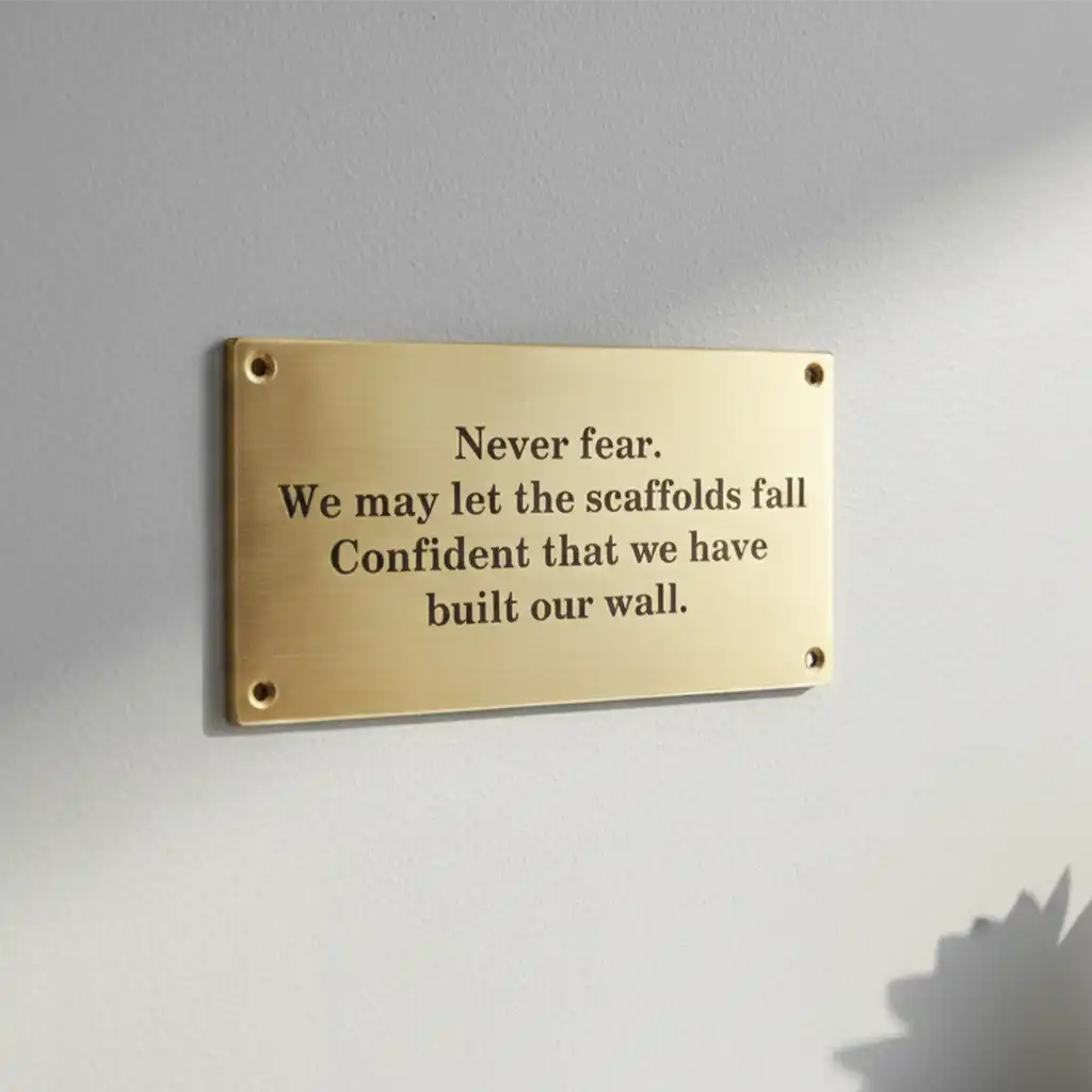 Brass plaque with motivational quote on a gray wall