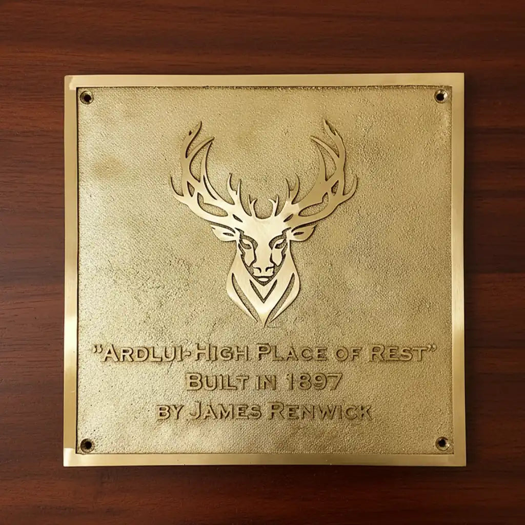 Brass address plaque with custom logo | Gold plaque with deer emblem and text on a wooden background 