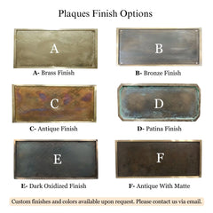 Various plaque finishes labeled A through F on a white background.