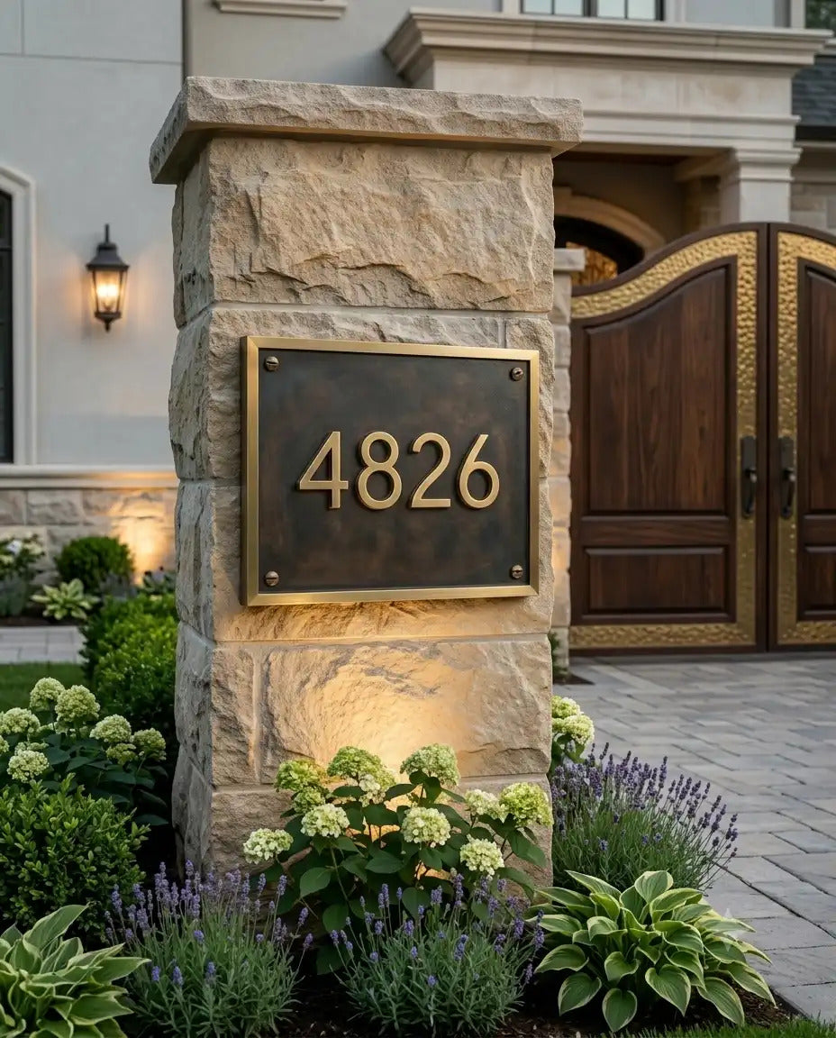 Engraved brass house number sign with custom text