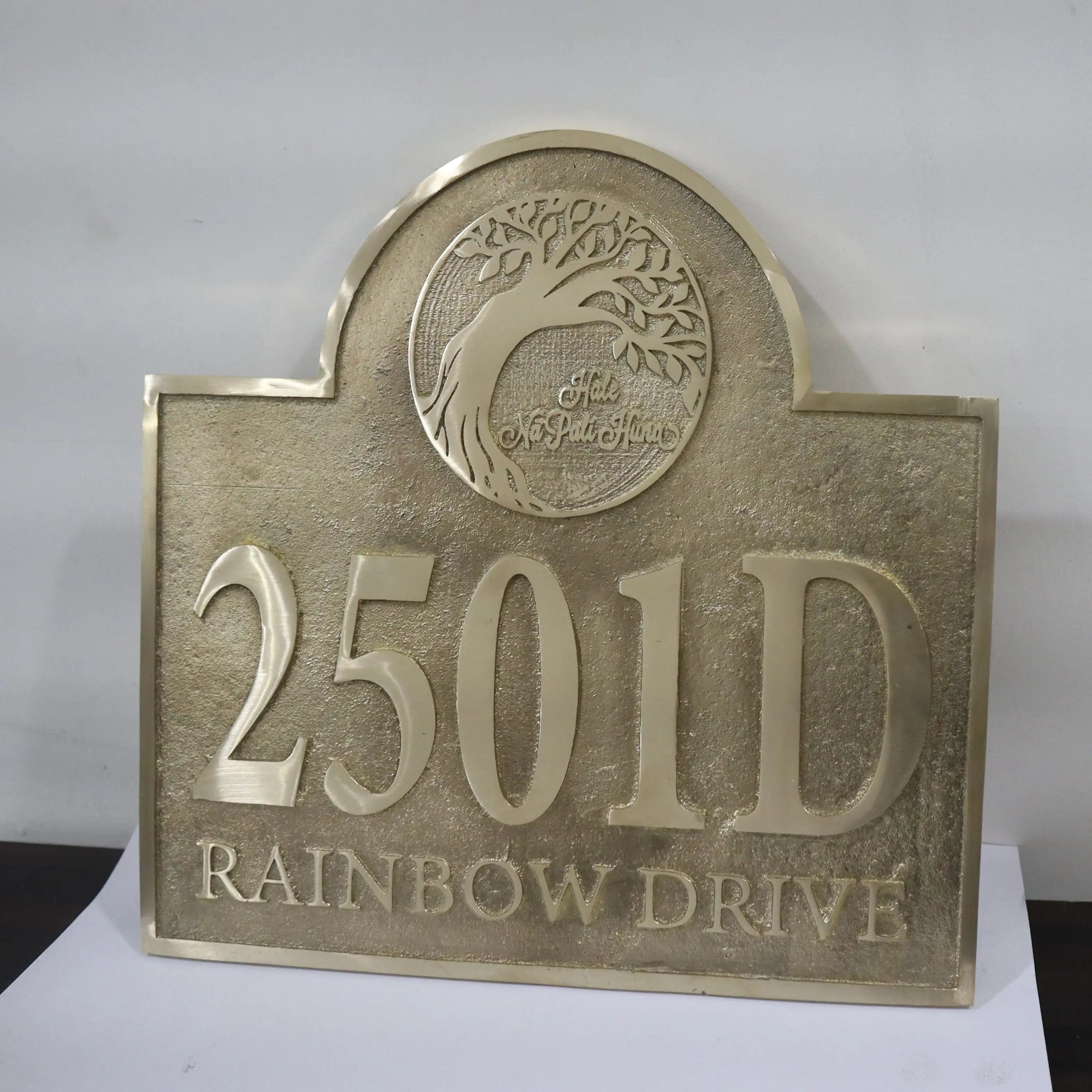 Bronze-colored house number sign with '2501D' and 'Rainbow Drive' text on a white background