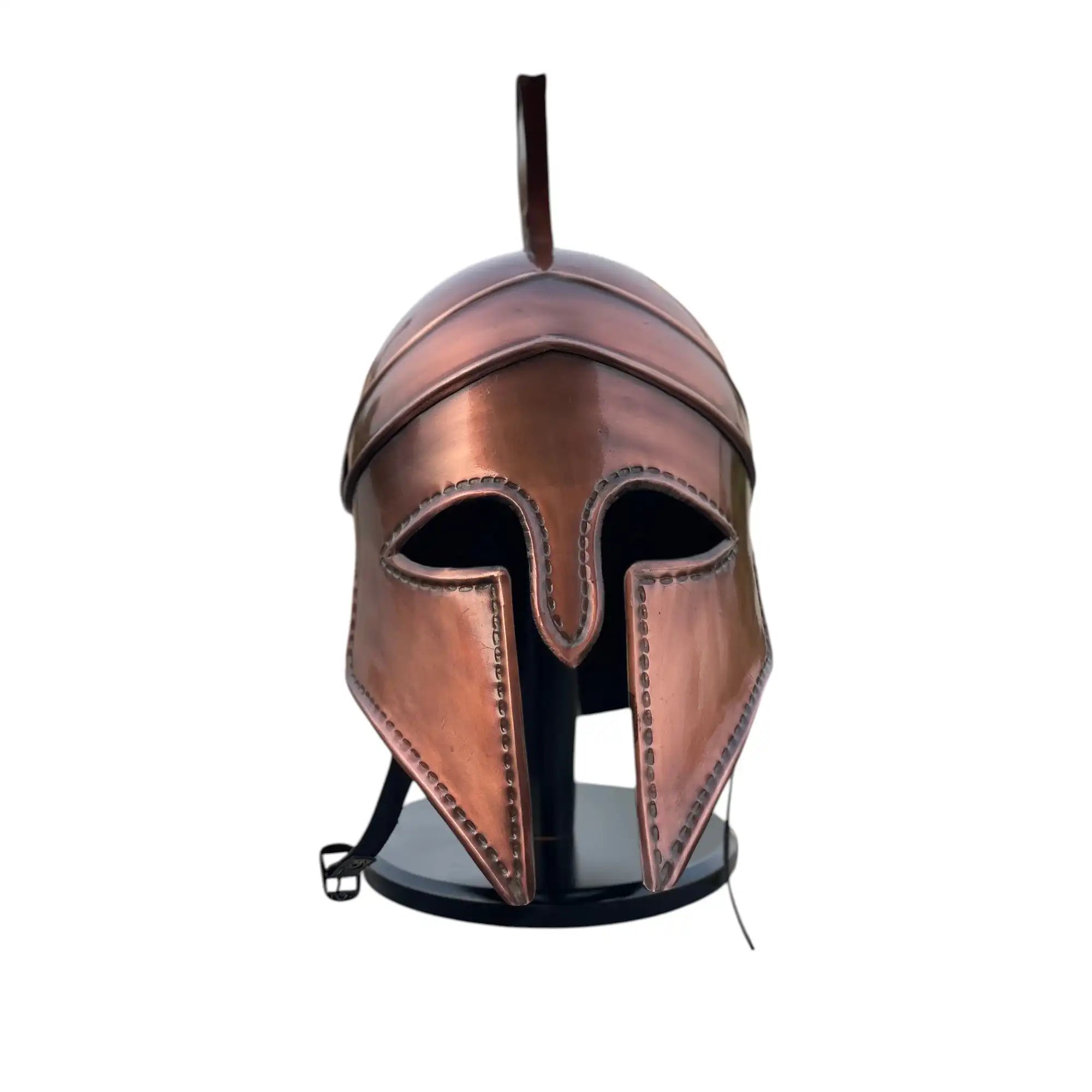 Bronze helmet on a stand against a white background