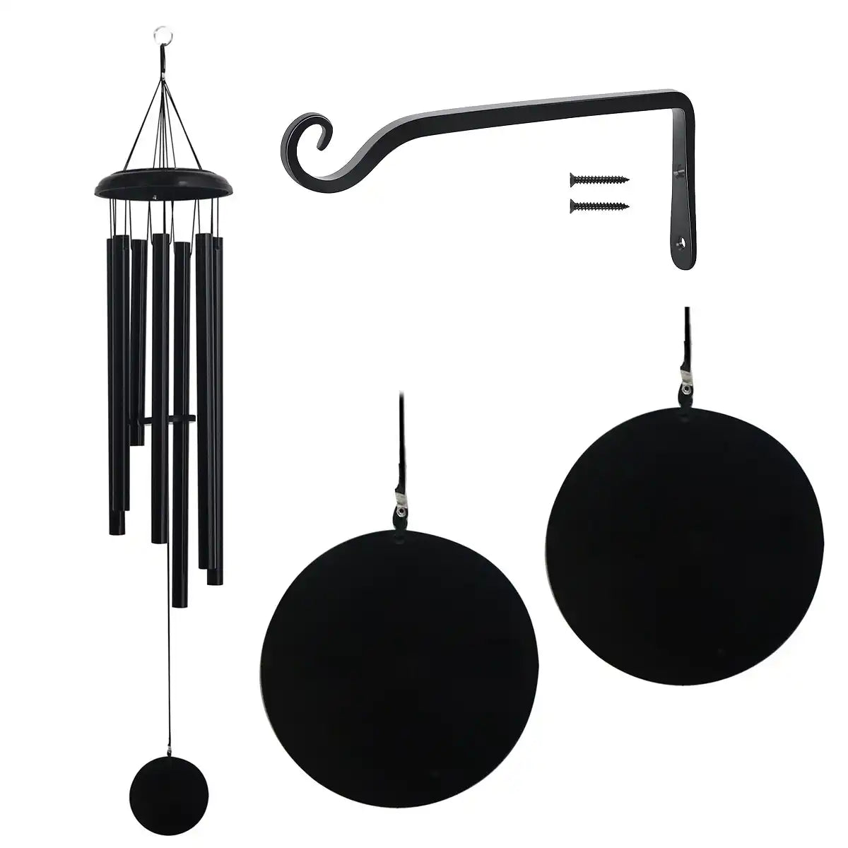 Black wind chime with hanging bracket on a white background
