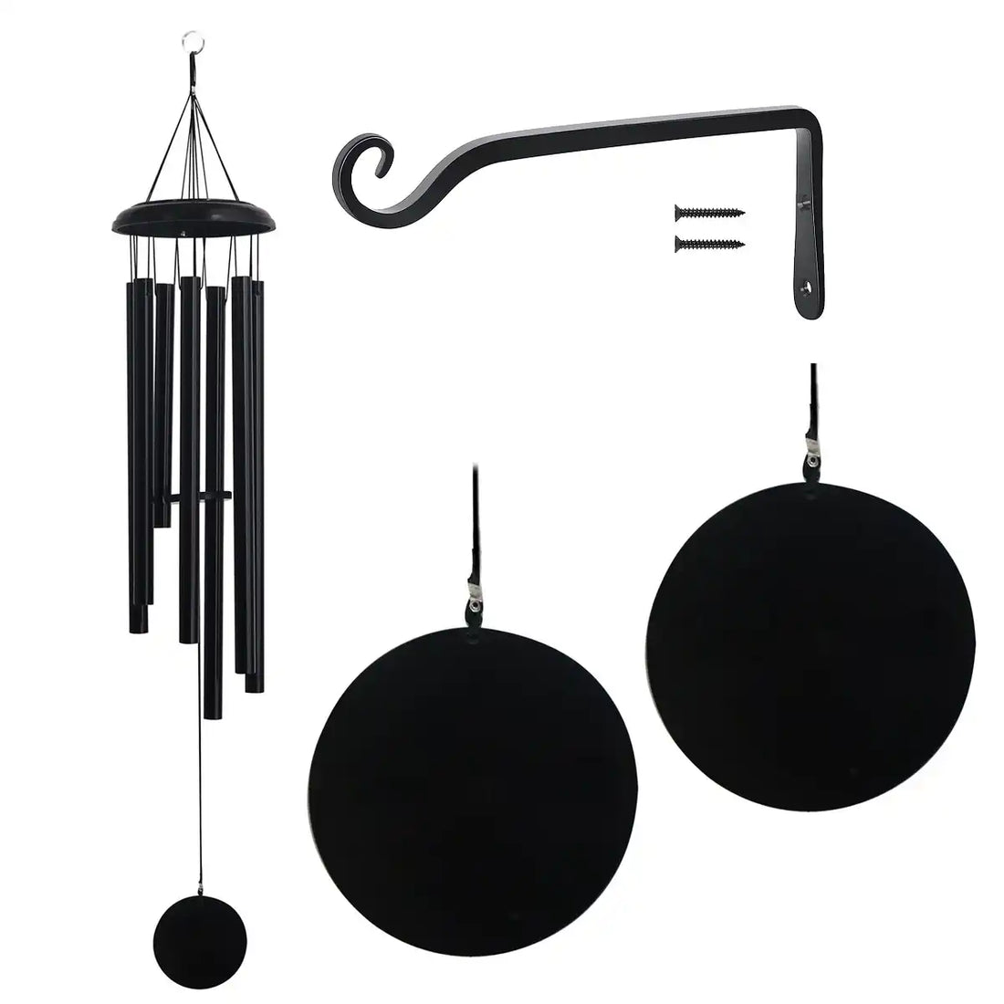 Black wind chime with hanging bracket on a white background