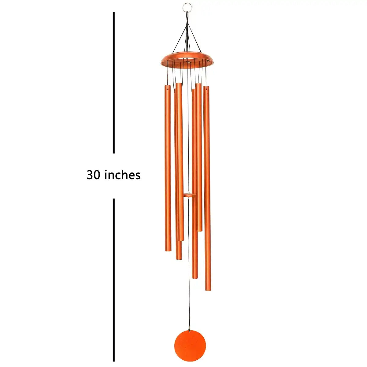 Copper Corinthian bell wind chime with measurement label on a white background
