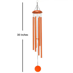 Copper Corinthian bell wind chime with measurement label on a white background
