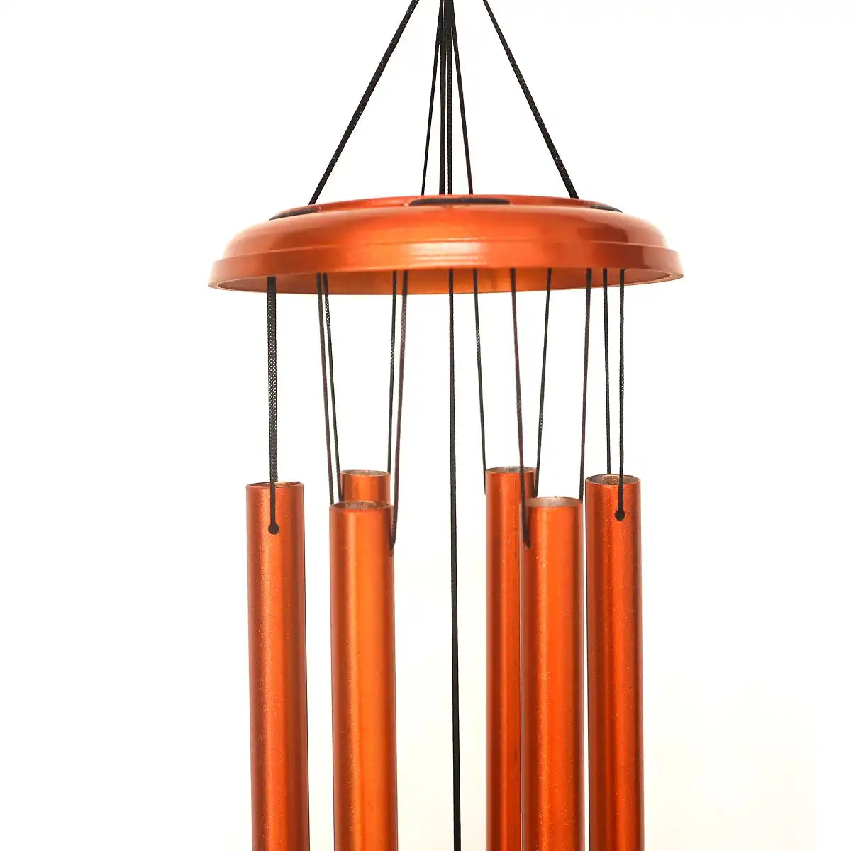 Copper-colored wind chime with cylindrical tubes on a white background
