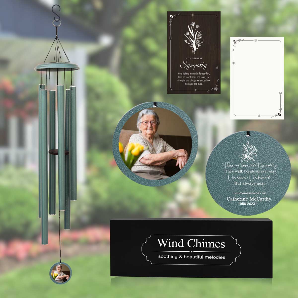 Personalized photo wind chimes -Turkish Green Memorial Photo Wind Chime with Personalized Message