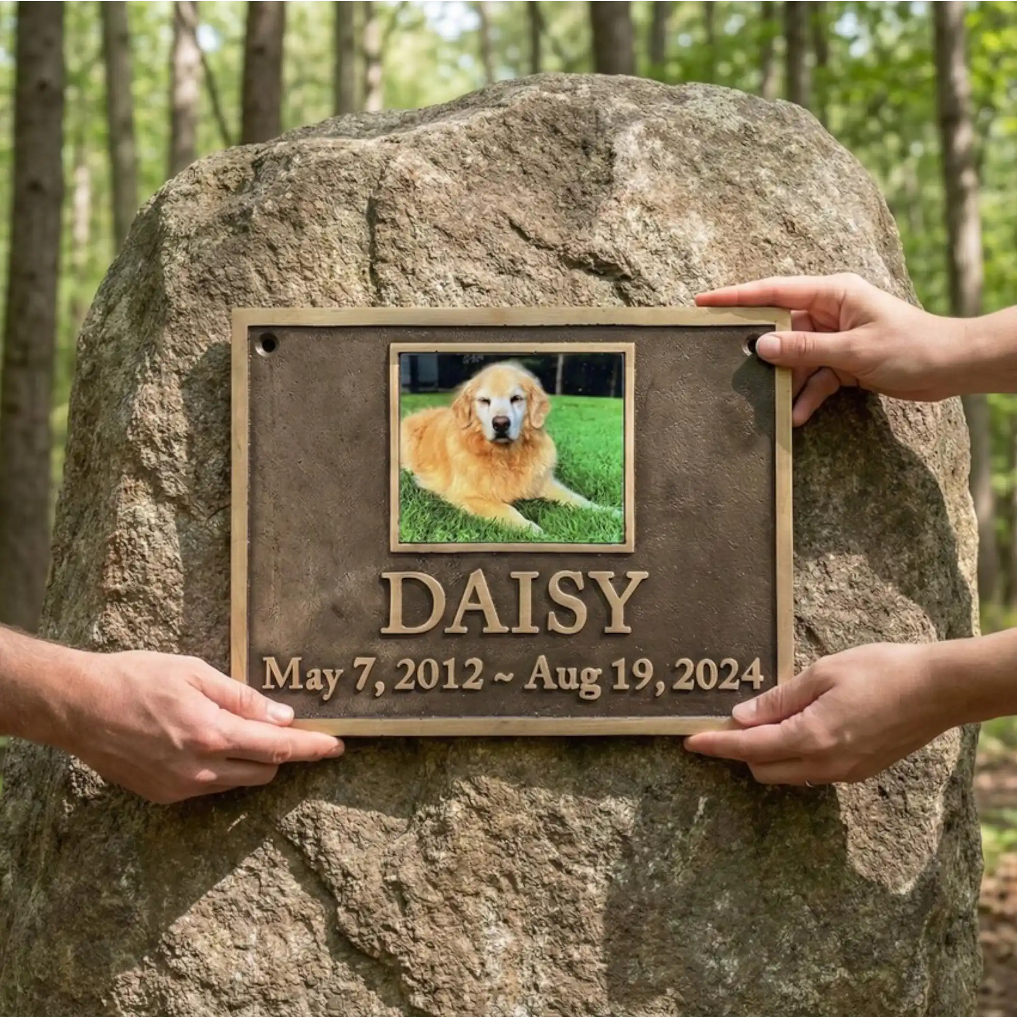 Memorial plaque for a dog named Daisy being held against a rock in a forest.