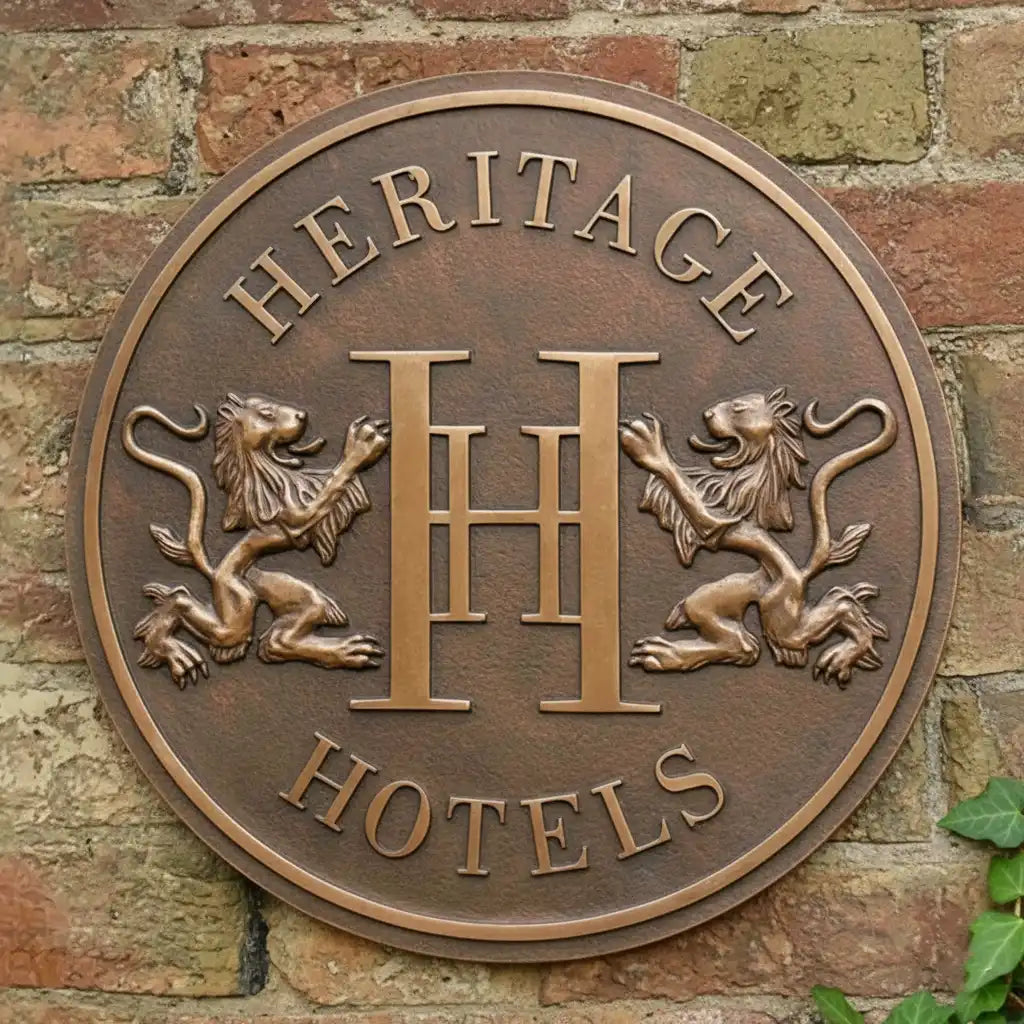 Bronze plaque with 'Heritage Hotels' logo on a brick wall background, Bronze address plaque