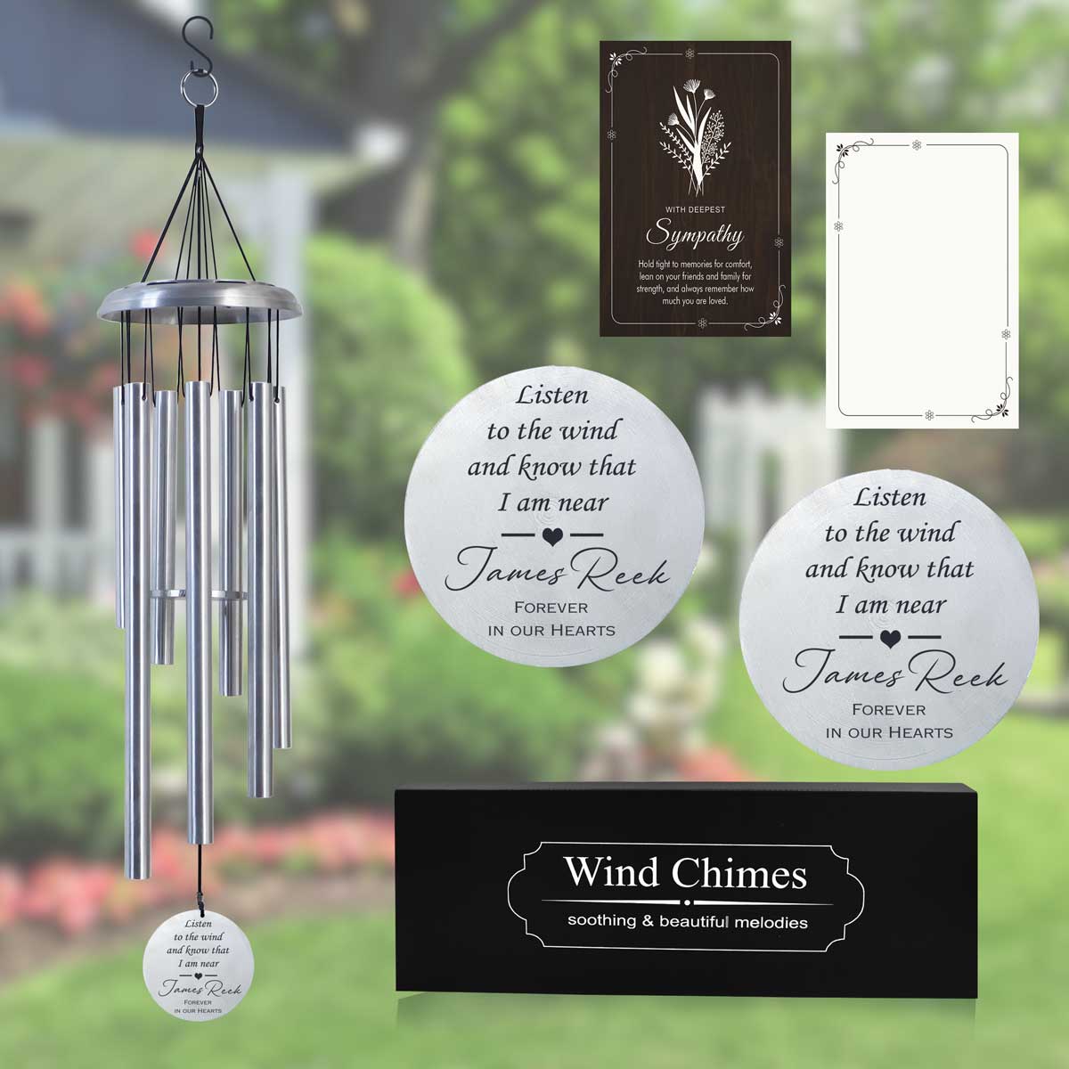 A personalized memorial wind chime with silver tubes and a bronze-colored bell, displayed in an outdoor setting. It includes images of the wind chime in different sizes, customization options, and the packaging box with a card that reads 'In Memory Of' and space for personalization.
