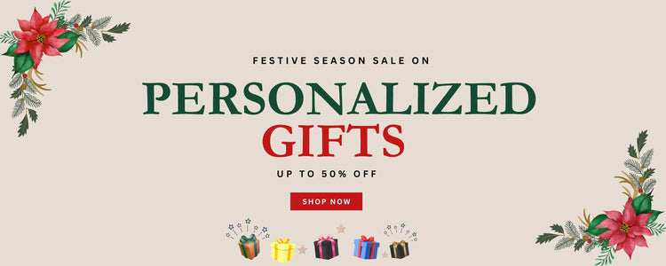 Festive season sale banner for personalized gifts with holiday decorations on a beige background.