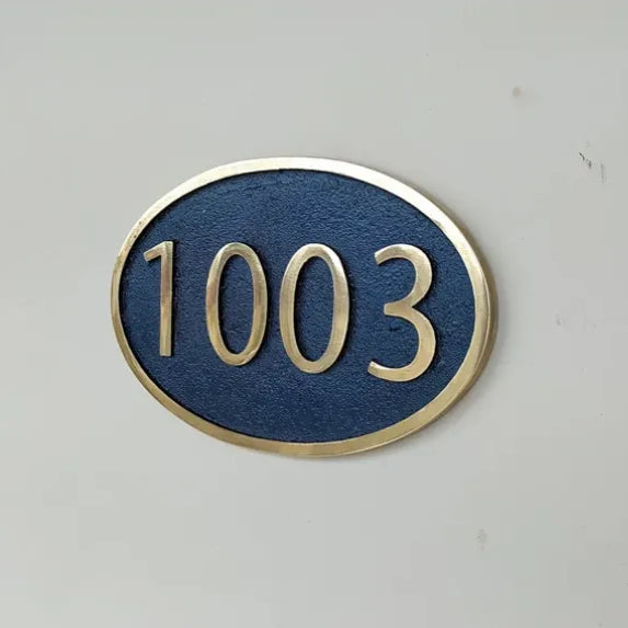 Oval brass house number plaque custom engraved