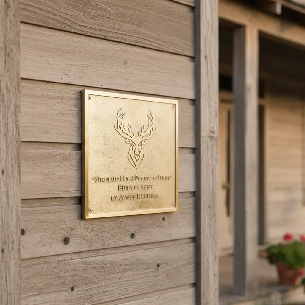 Custom address plate for house in brass | Gold plaque with deer emblem on wooden wall
