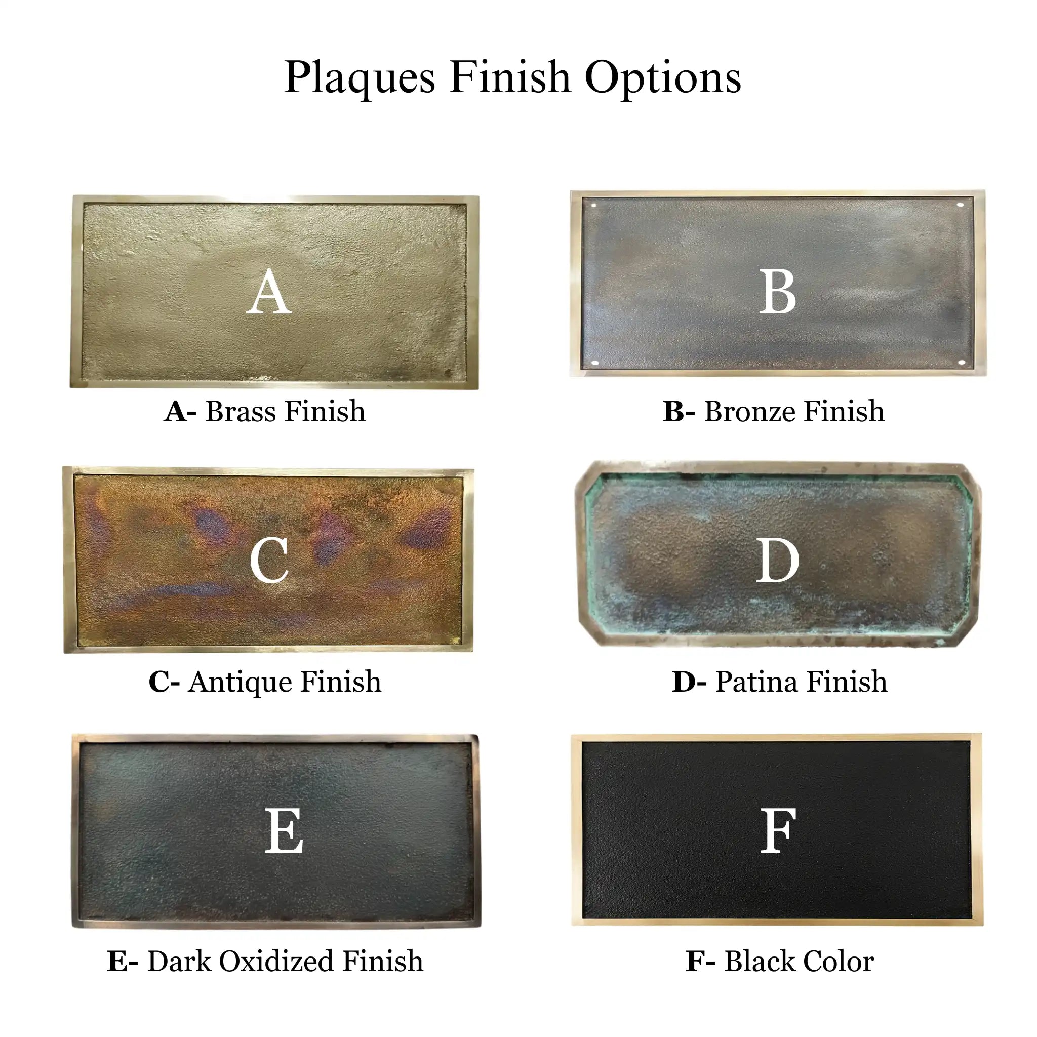 Various finishes of plaques labeled A through F on a white background.