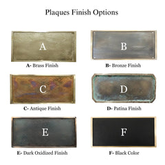 Various finishes of plaques labeled A through F on a white background.