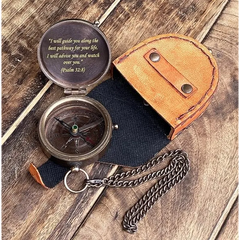 Psalm 32:8 Engraved Compass with Leather Pouch PC103