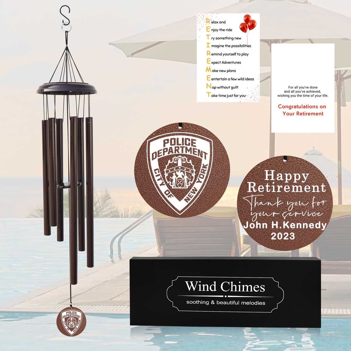 Personalized police retirement wind chime with appreciation card