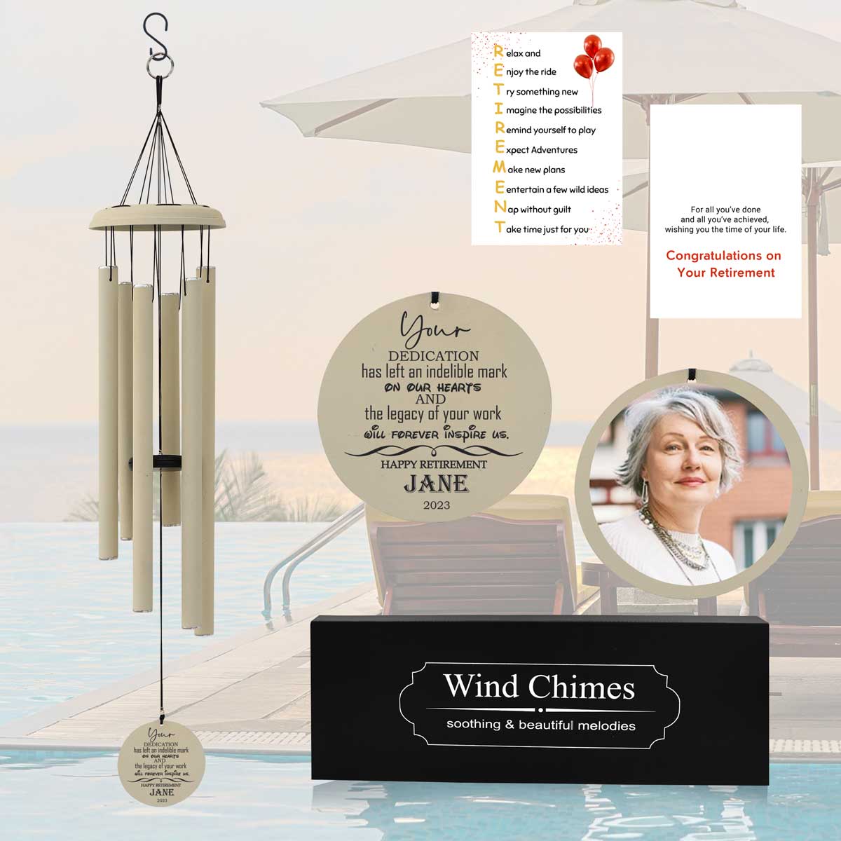 Personalized Retirement Wind Chime with Picture & Name Engraving