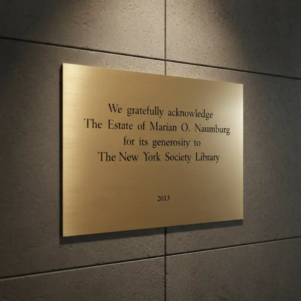 Custom Engraved Brass Plaque Front View—A gold plaque on a gray wall acknowledging the Estate of Marian O. Naumburg for its generosity to the New York Society Library.