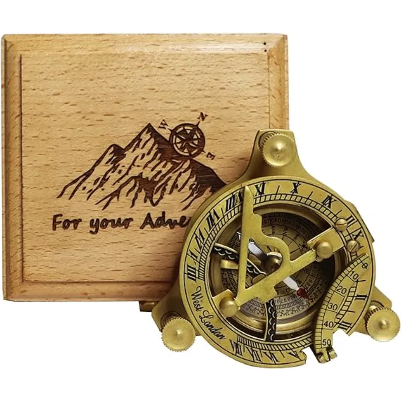 Sundial Compass with Engraved Wooden Box SCW85