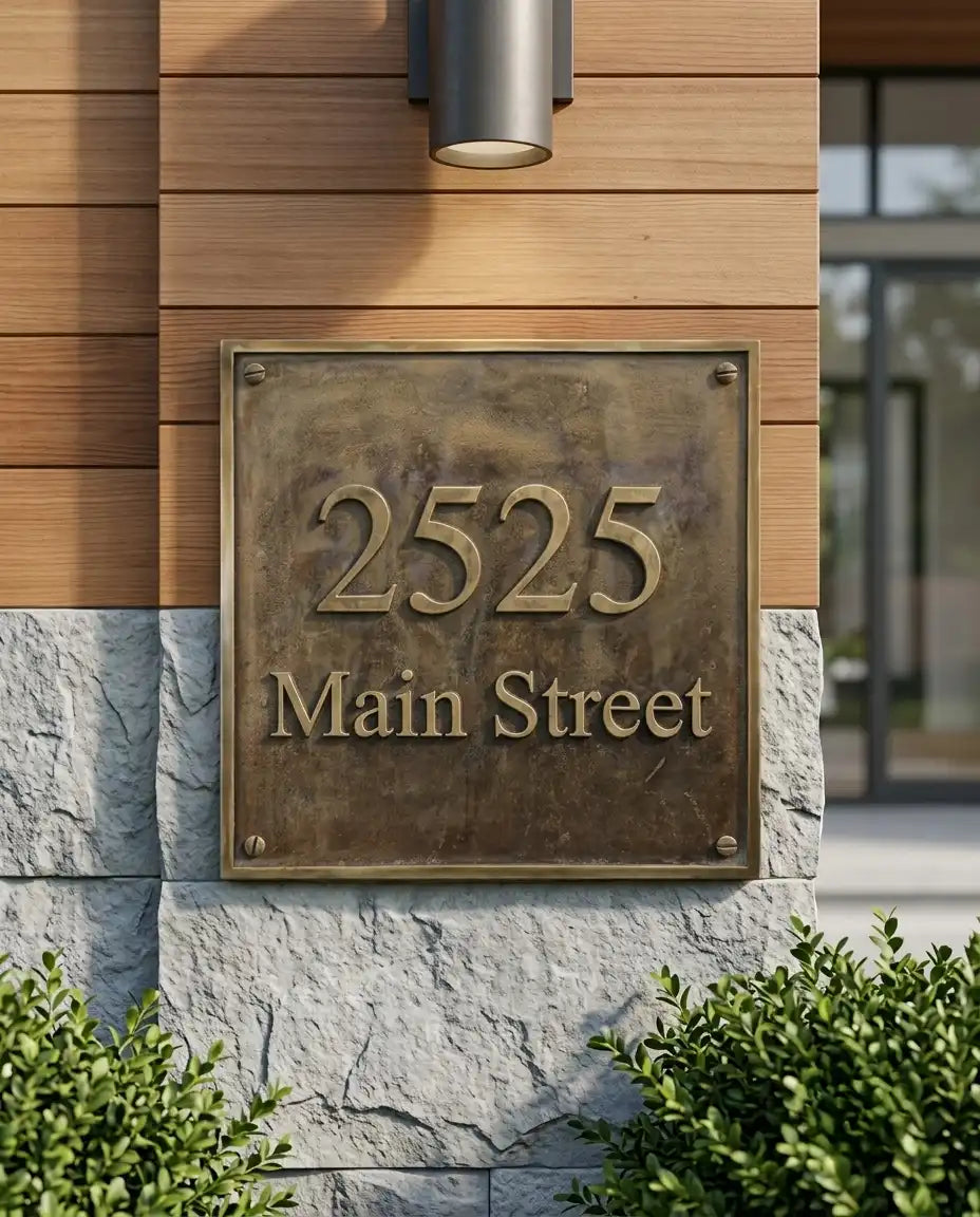 Custom brass house sign with engraved numbers and details