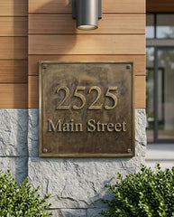 Custom brass house sign with engraved numbers and details