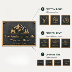 Brass House Number Plaque product infographic showing key features, personalization and installation details.